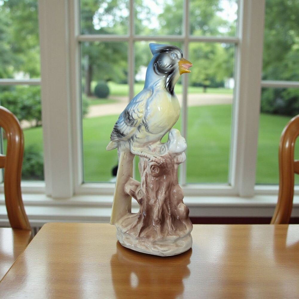 Vintage Porcelain Blue Jay Bird Figurine Japan Stump 10" Tall Leaves Singing